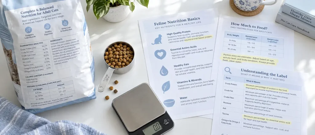A dry cat food bag turned to its nutrition label beside a measuring cup of kibble and printed veterinary fact sheets